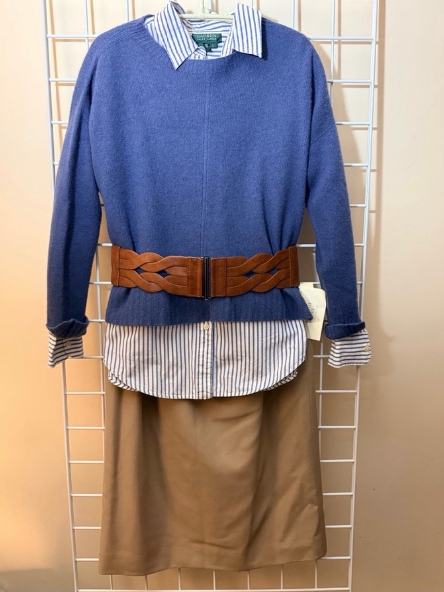 Lauren Ralph Lauren Blue Sweater With Tan Skirt And Brown Braided Belt